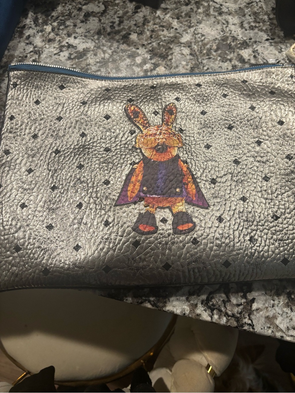 MCM Metallic Silver Logo Clutch with Colorful Bunny Motif